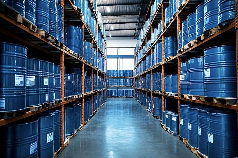 Aisle of a chemical warehouse lined with drums on pallet racking